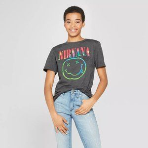Women's Nirvana Neon Colors Smiley Face Graphic Charcoal Gray Tee Top Size Large